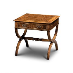 AMC169 SCISSOR END TABLE WITH DRAWER: Burr Walnut. W57cm/22in D57cm/22in H53cm/21in