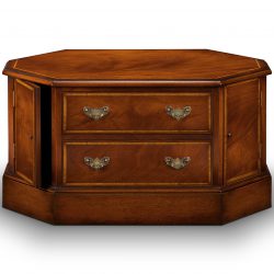 AMC197 CORNER VIDEO WITH DOORS: Mahogany with Satin inlay. W90cm/35in D51cm/20in H48cm/19in