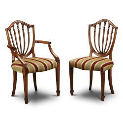 NB02 HEPPLEWHITE ARM CHAIR: Mahogany. W57cm/22in D50cm/20in H99cm/39in. NB01 HEPPLEWHITE SIDE CHAIR: Mahogany. W52cm/20in D47cm/18in H99cm/39in