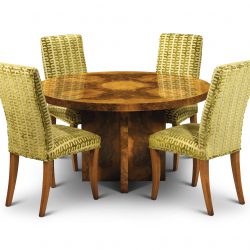W380 54in CIRCULAR TABLE: Burr Walnut. W137cm/54in D137cm/54in H76cm/30in. A01 ASHTON SIDE CHAIR: Burr Walnut. W51cm/20in D51cm/20in H106cm/42in